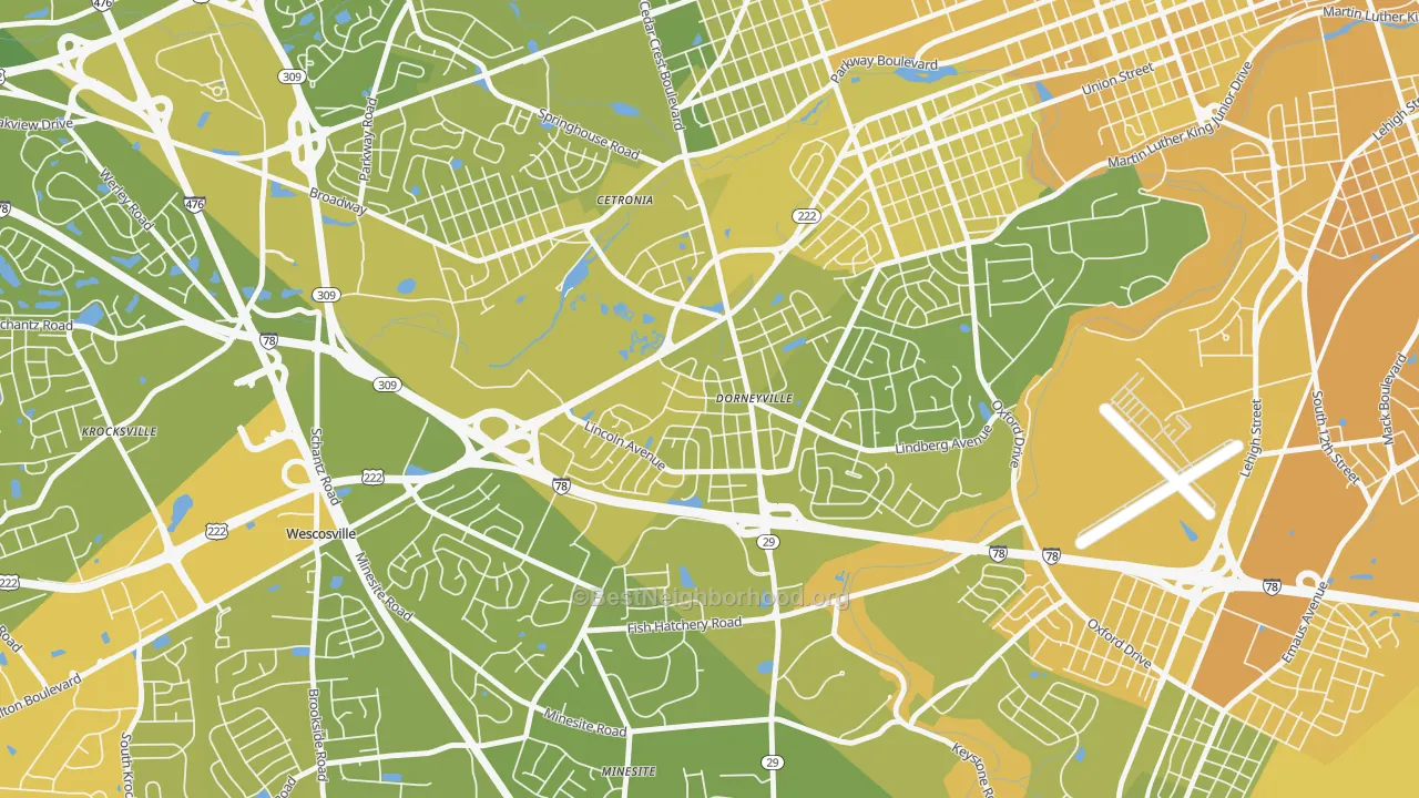 Map of the best neighborhoods in the Dorneyville area, with better matches in green and worse matches in red