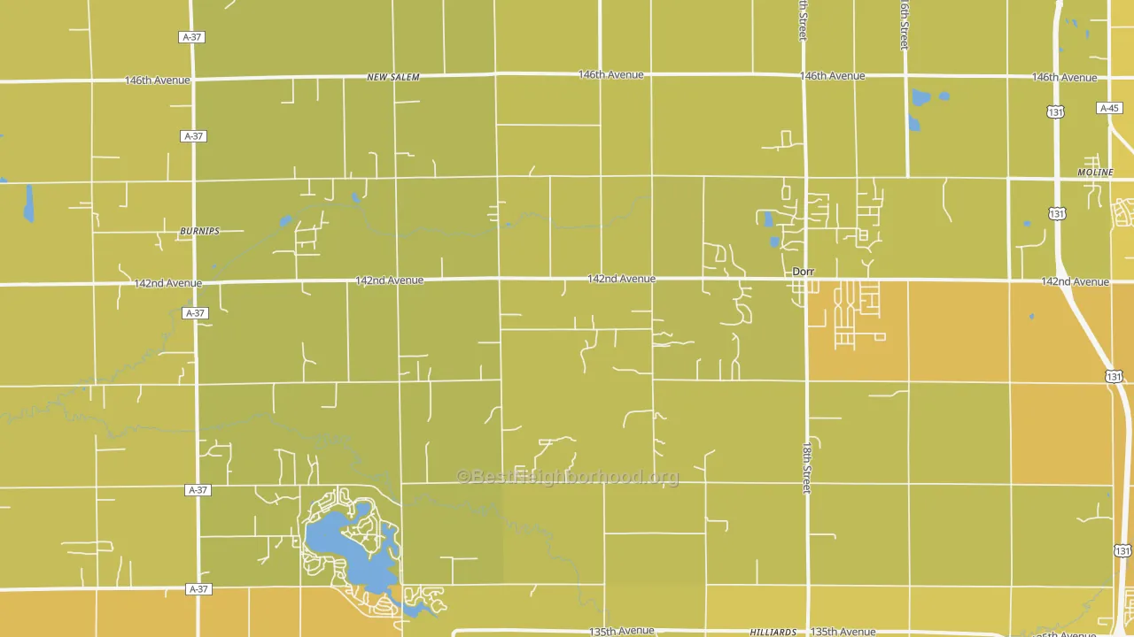 Map of the best neighborhoods in the Dorr area, with better matches in green and worse matches in red