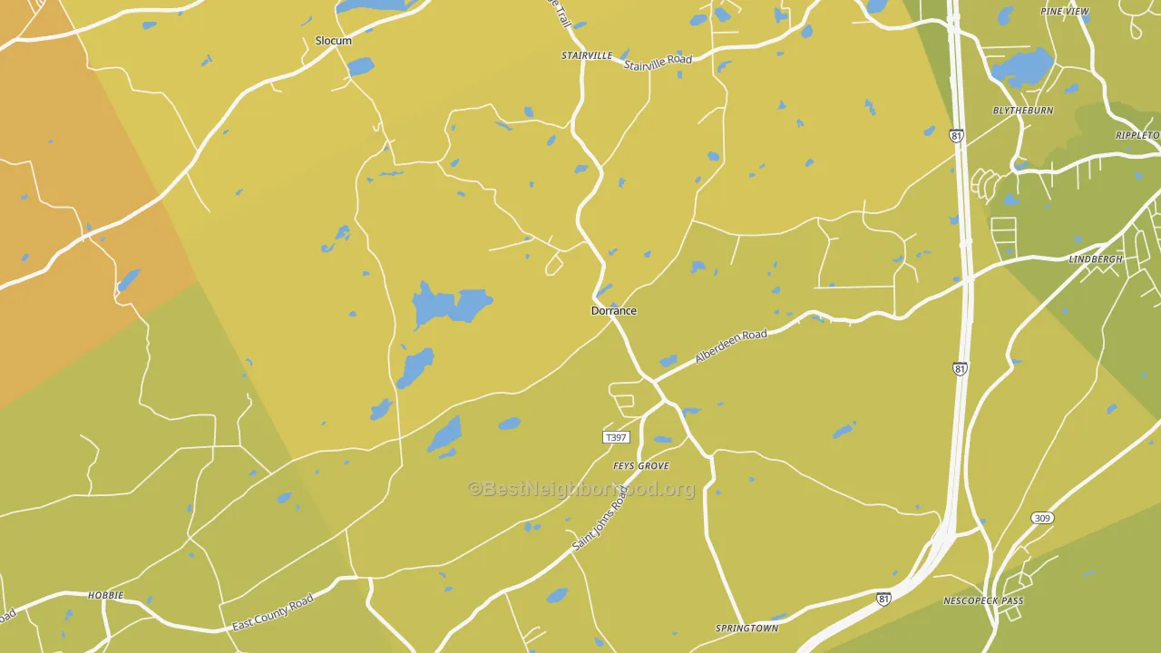 Map of the best neighborhoods in the Dorrance area, with better matches in green and worse matches in red
