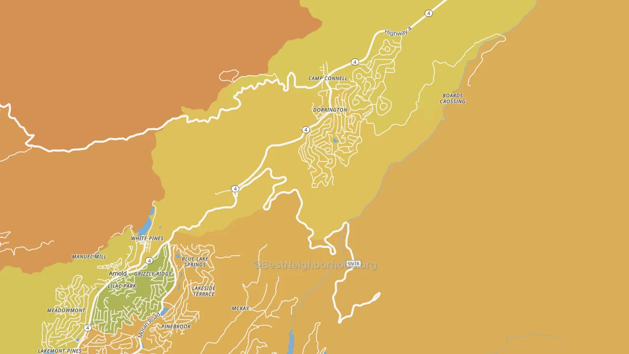 Map of the best neighborhoods in the Dorrington area, with better matches in green and worse matches in red
