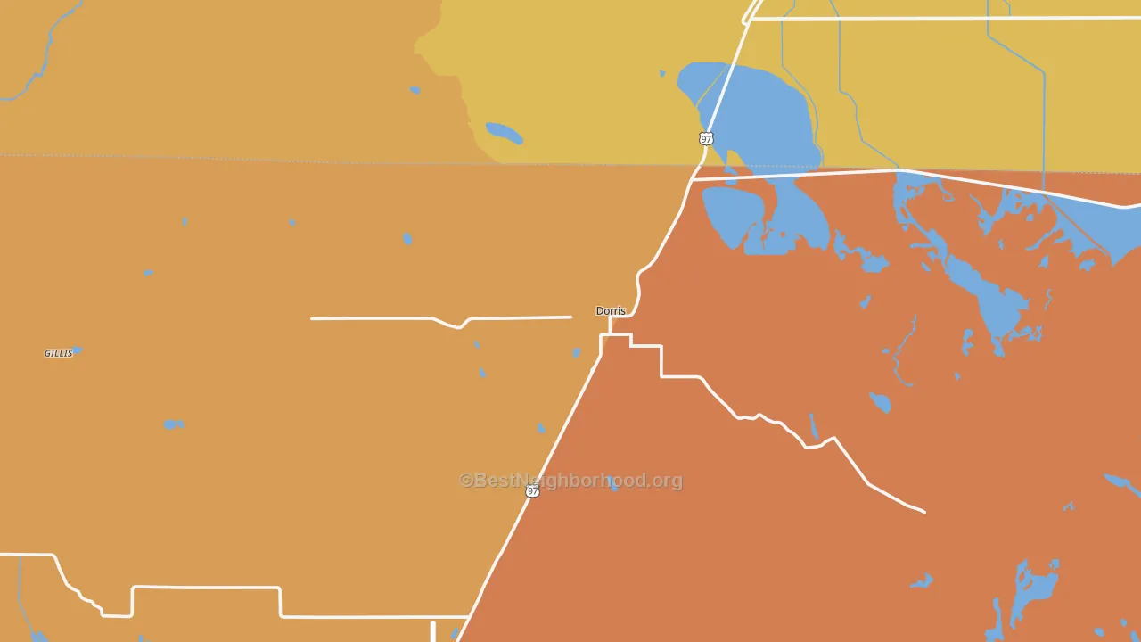 Map of the best neighborhoods in the Dorris area, with better matches in green and worse matches in red
