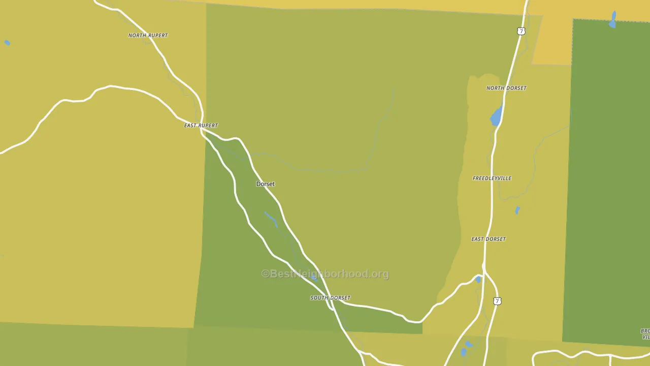 Map of the best neighborhoods in the Dorset area, with better matches in green and worse matches in red