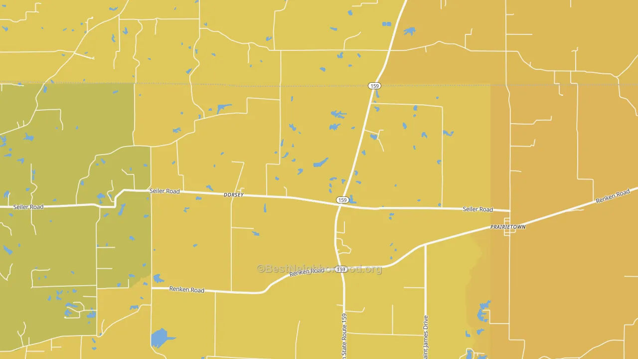 Map of the best neighborhoods in the Dorsey area, with better matches in green and worse matches in red