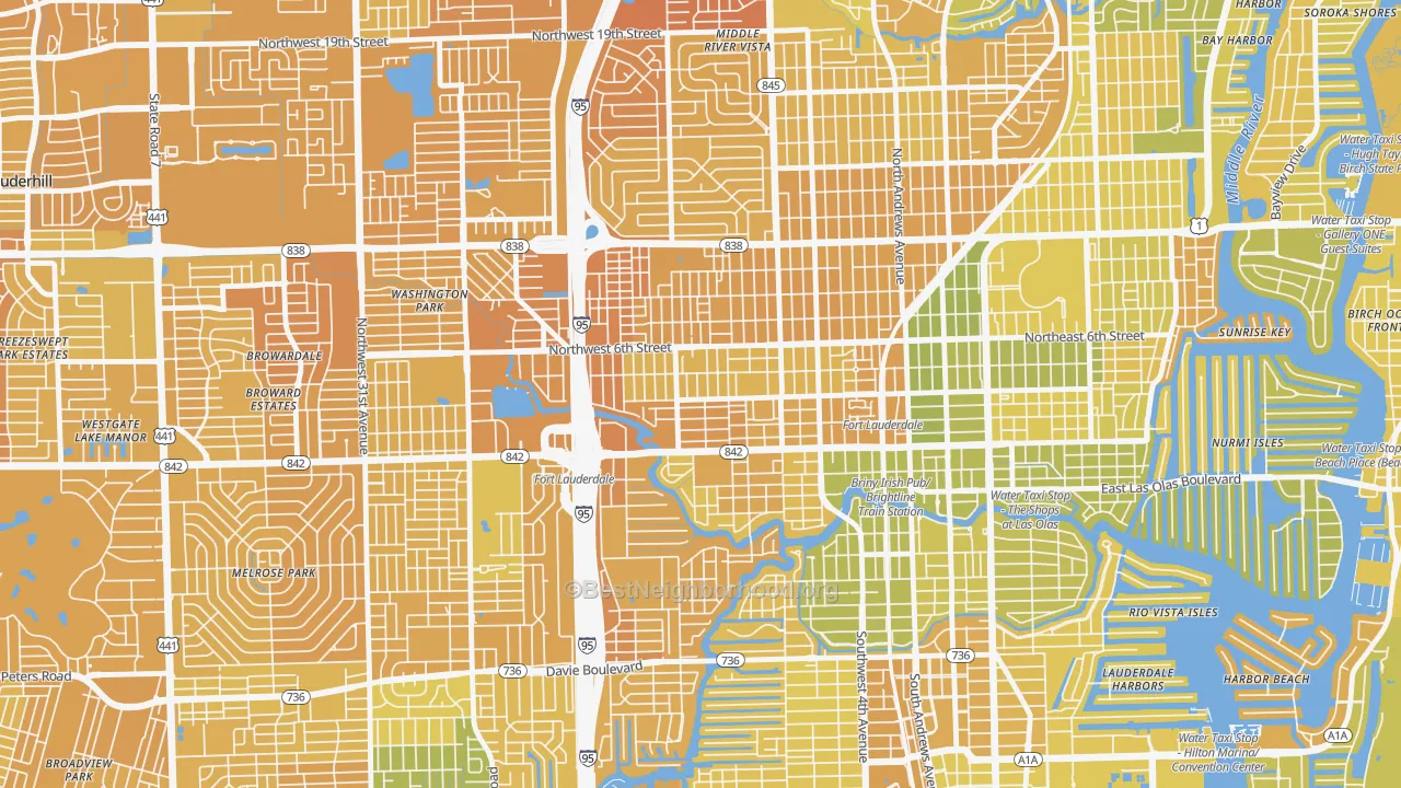 Map of the best neighborhoods in the Dorsey-Riverbend, Fort Lauderdale area, with better matches in green and worse matches in red