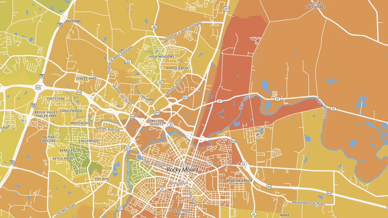 Map of the best neighborhoods in the Dortches area, with better matches in green and worse matches in red