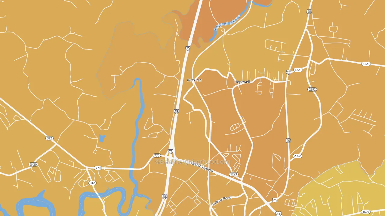 Map of the best neighborhoods in the Dortha area, with better matches in green and worse matches in red