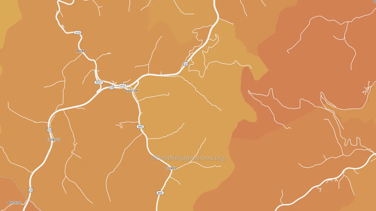 Map of the best neighborhoods in the Dorton area, with better matches in green and worse matches in red