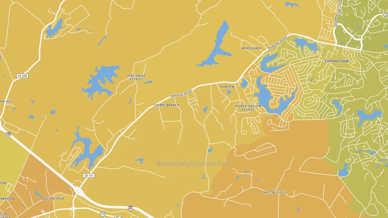 Map of the best neighborhoods in the Dorton area, with better matches in green and worse matches in red