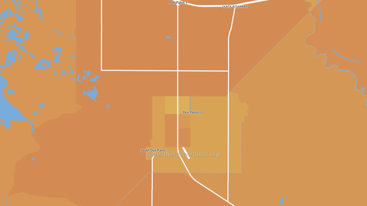 Map of the best neighborhoods in the Dos Palos area, with better matches in green and worse matches in red