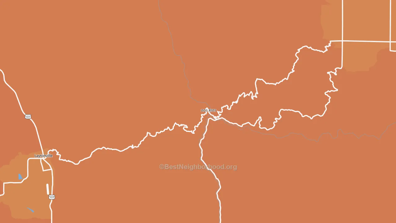 Map of the best neighborhoods in the Dos Rios area, with better matches in green and worse matches in red