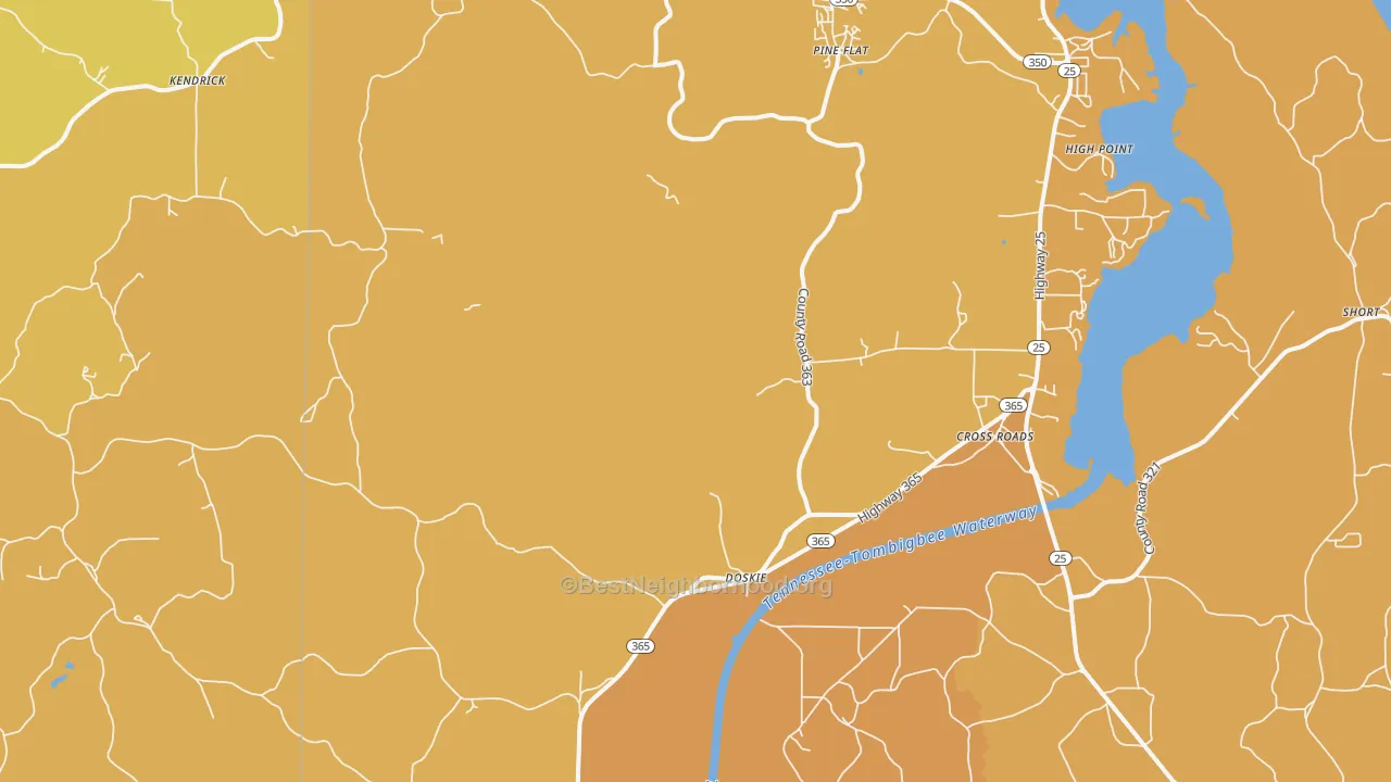 Map of the best neighborhoods in the Doskie area, with better matches in green and worse matches in red