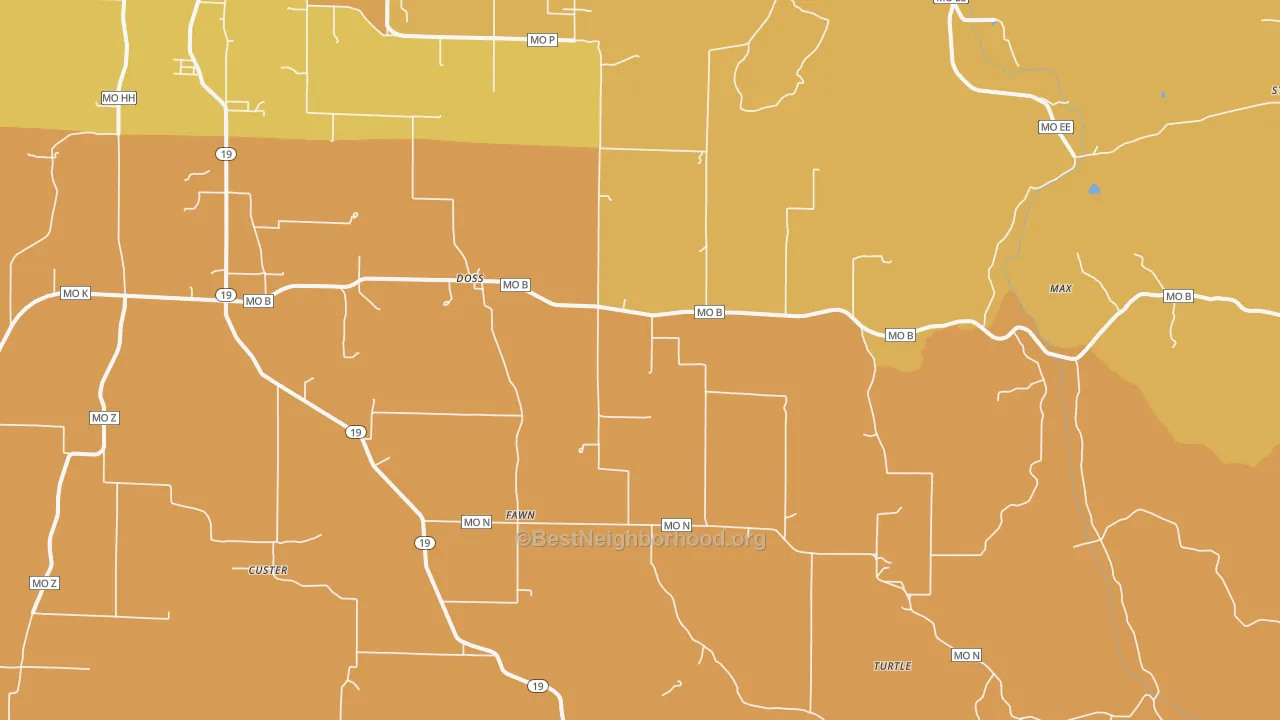 Map of the best neighborhoods in the Doss area, with better matches in green and worse matches in red