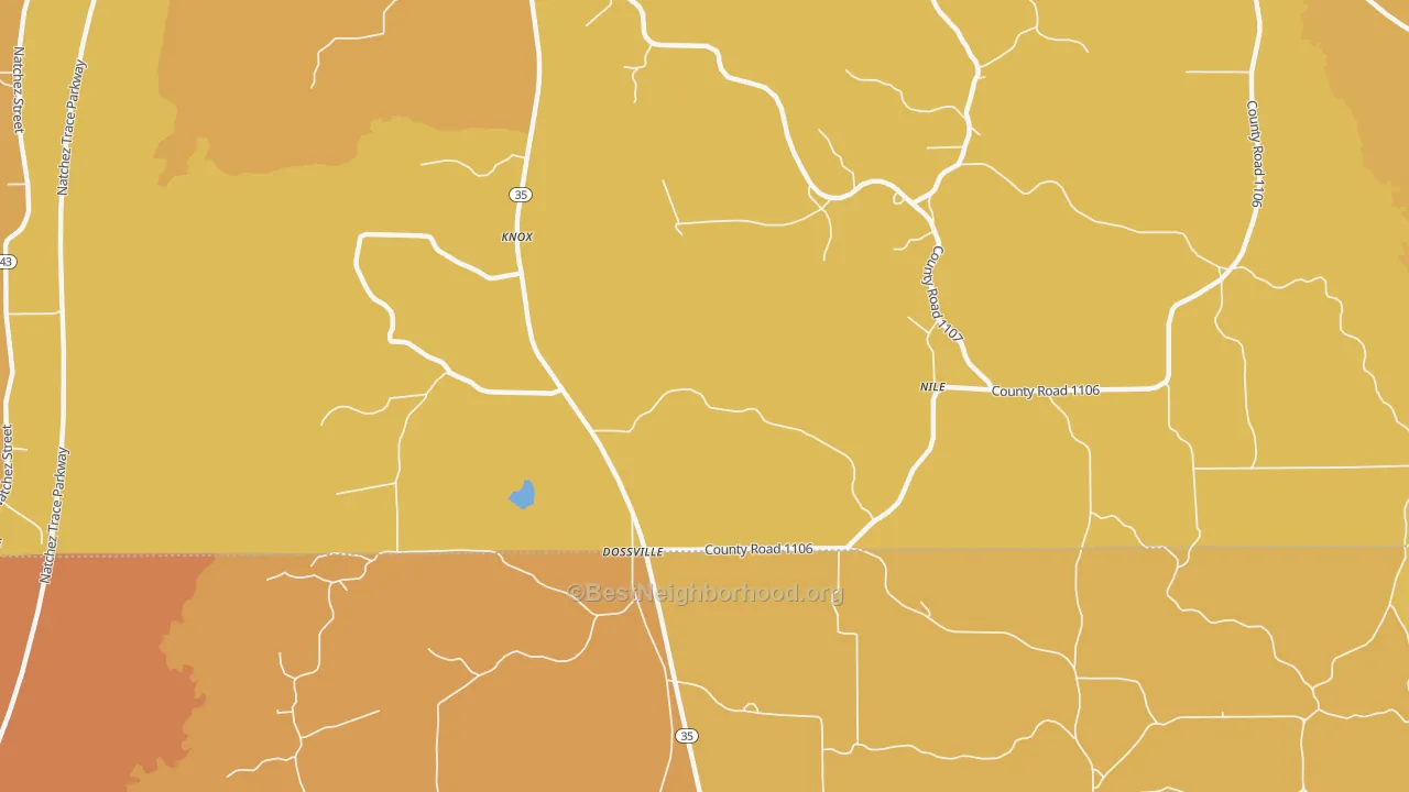 Map of the best neighborhoods in the Dossville area, with better matches in green and worse matches in red