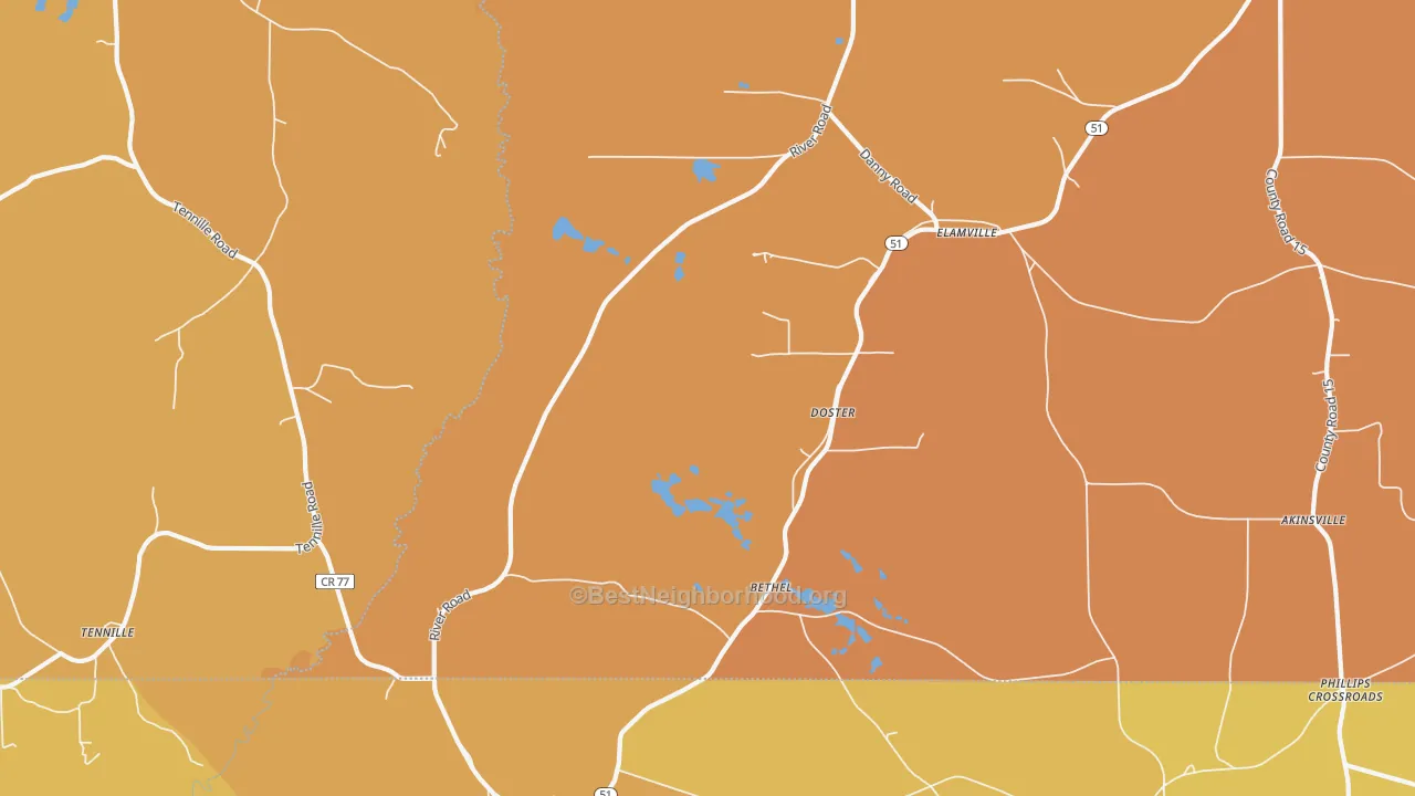 Map of the best neighborhoods in the Doster area, with better matches in green and worse matches in red