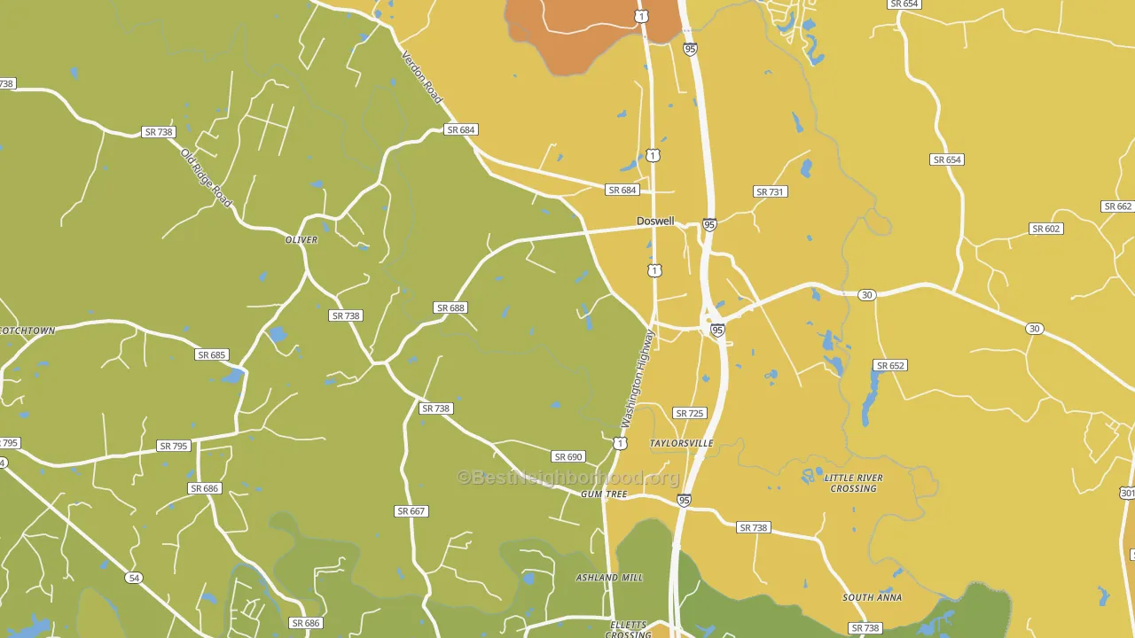 Map of the best neighborhoods in the Doswell area, with better matches in green and worse matches in red