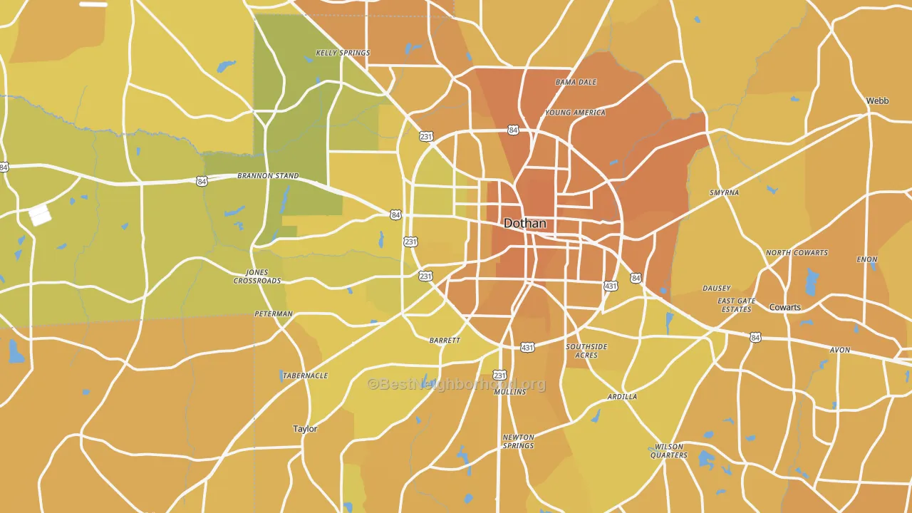 Map of the best neighborhoods in the Dothan Metro area, with better matches in green and worse matches in red