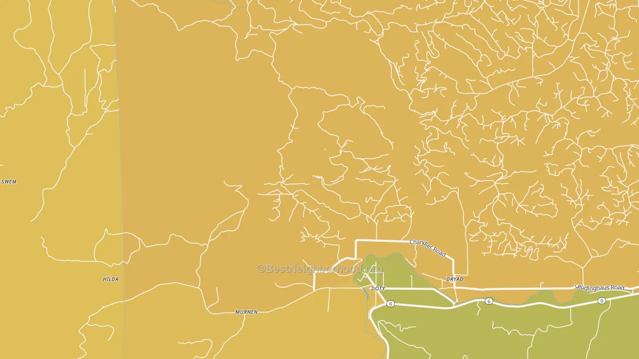Map of the best neighborhoods in the Doty area, with better matches in green and worse matches in red