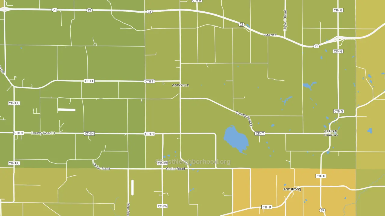 Map of the best neighborhoods in the Dotyville area, with better matches in green and worse matches in red