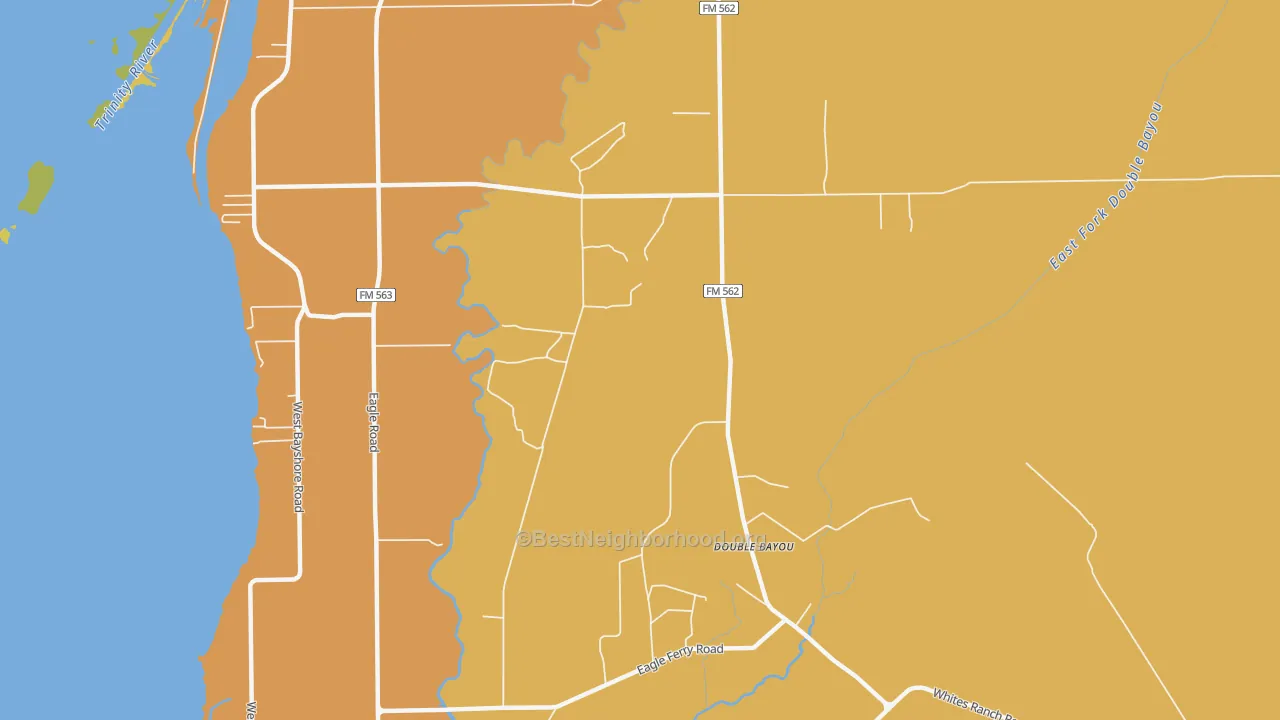 Map of the best neighborhoods in the Double Bayou area, with better matches in green and worse matches in red