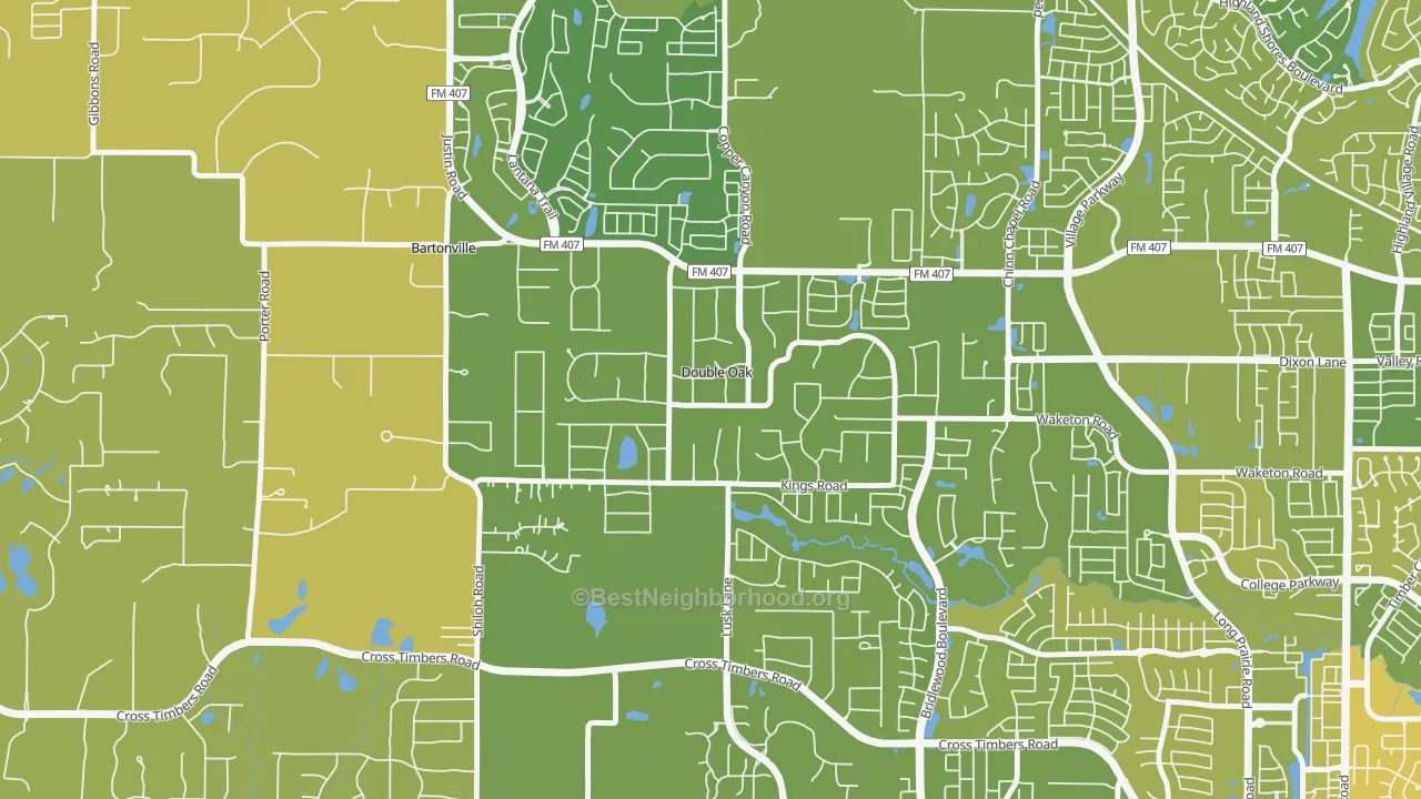 Map of the best neighborhoods in the Double Oak area, with better matches in green and worse matches in red