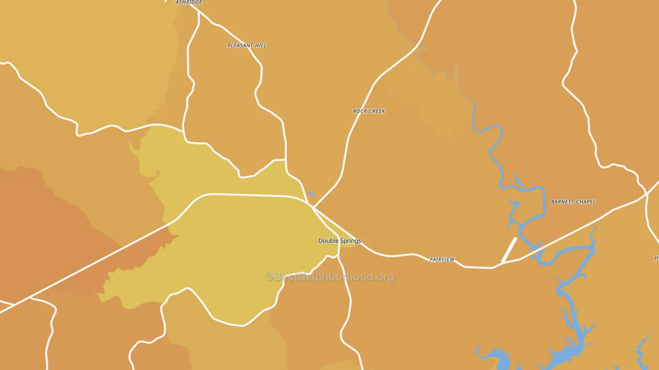 Map of the best neighborhoods in the Double Springs area, with better matches in green and worse matches in red