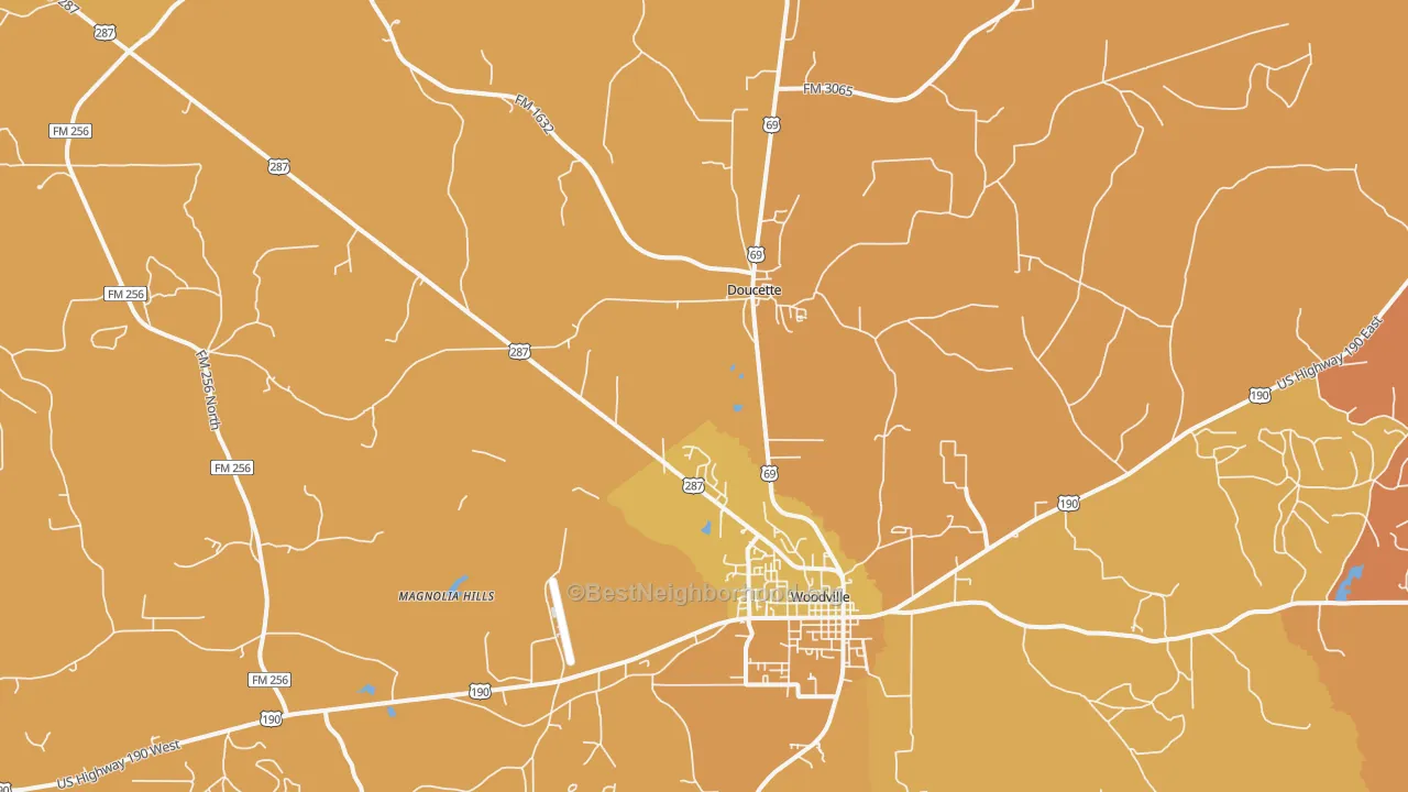 Map of the best neighborhoods in the Doucette area, with better matches in green and worse matches in red
