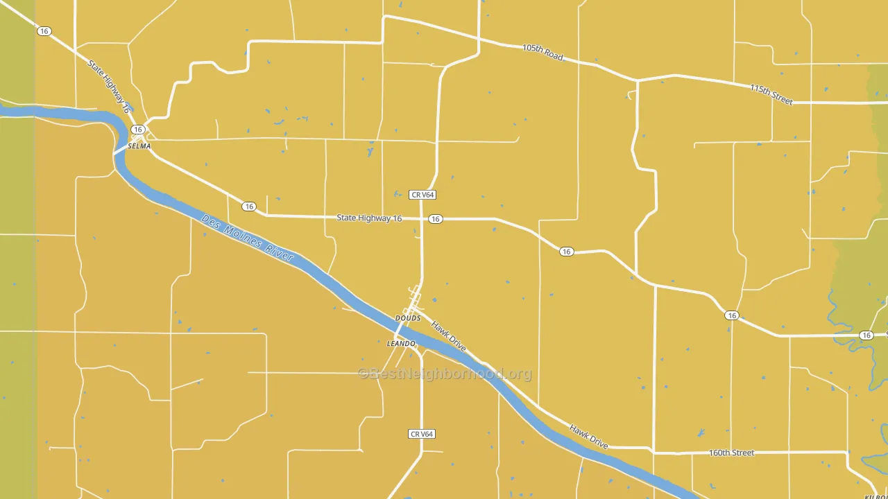 Map of the best neighborhoods in the Douds area, with better matches in green and worse matches in red
