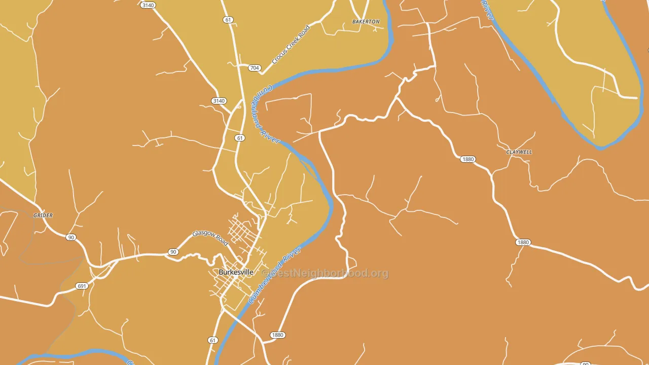 Map of the best neighborhoods in the Dougan Town area, with better matches in green and worse matches in red