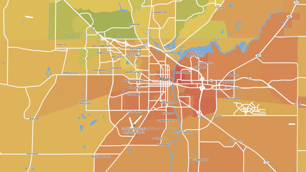 Map of the best neighborhoods in the Dougherty County area, with better matches in green and worse matches in red