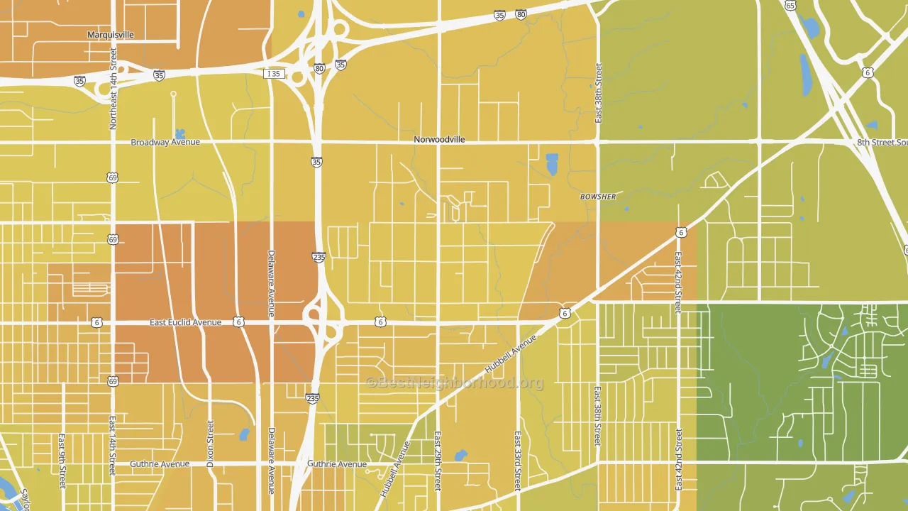 Map of the best neighborhoods in the Douglas Acres, Des Moines area, with better matches in green and worse matches in red