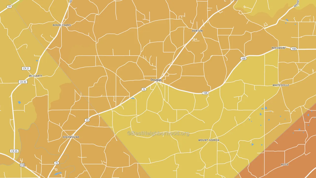 Map of the best neighborhoods in the Douglas area, with better matches in green and worse matches in red