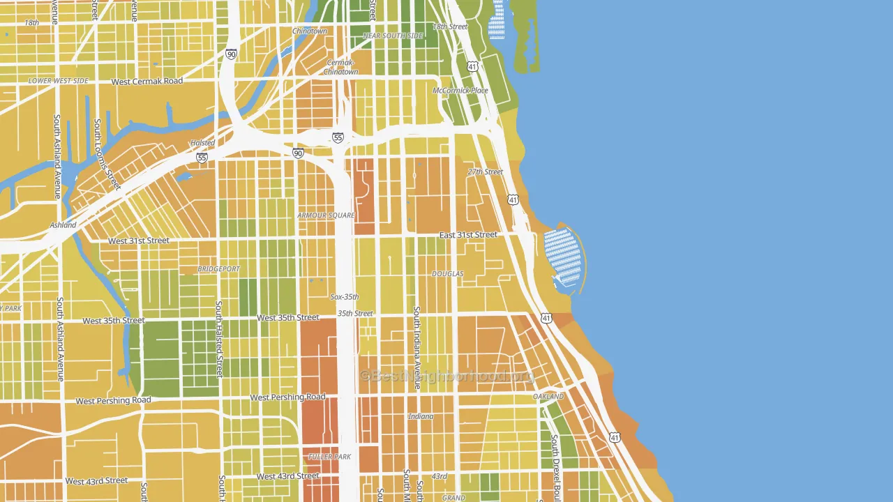 Map of the best neighborhoods in the Douglas, Chicago area, with better matches in green and worse matches in red