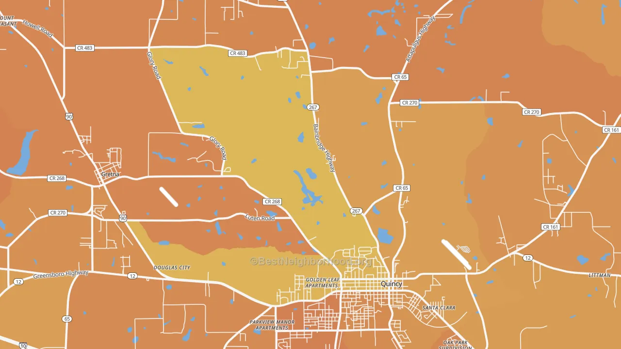 Map of the best neighborhoods in the Douglas City area, with better matches in green and worse matches in red