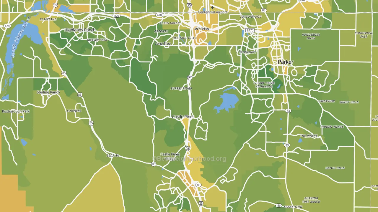 Map of the best neighborhoods in the Douglas County area, with better matches in green and worse matches in red