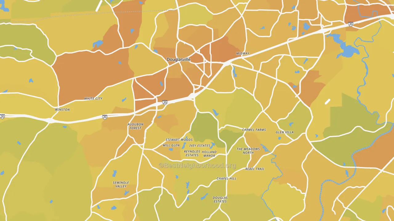Map of the best neighborhoods in the Douglas County area, with better matches in green and worse matches in red