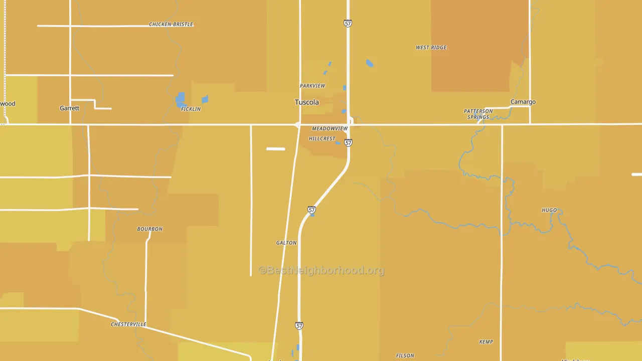 Map of the best neighborhoods in the Douglas County area, with better matches in green and worse matches in red