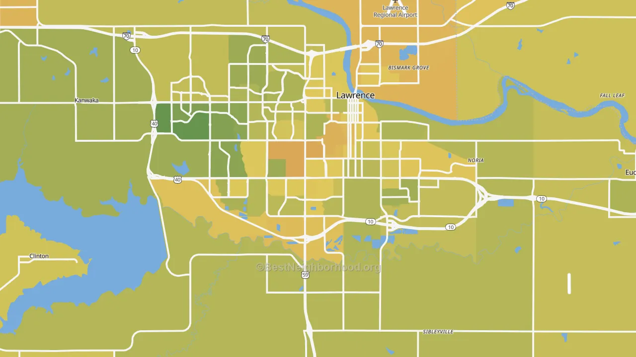 Map of the best neighborhoods in the Douglas County area, with better matches in green and worse matches in red