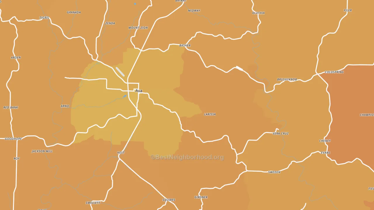 Map of the best neighborhoods in the Douglas County area, with better matches in green and worse matches in red