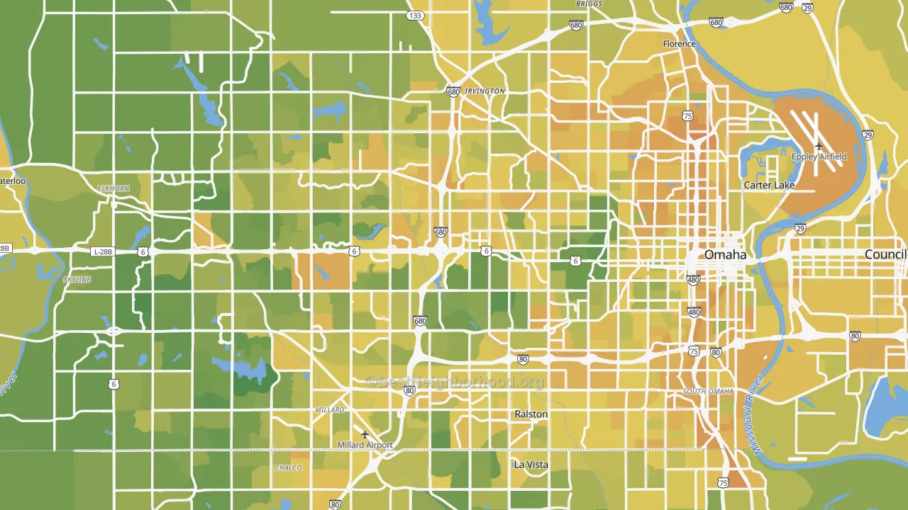 Map of the best neighborhoods in the Douglas County area, with better matches in green and worse matches in red