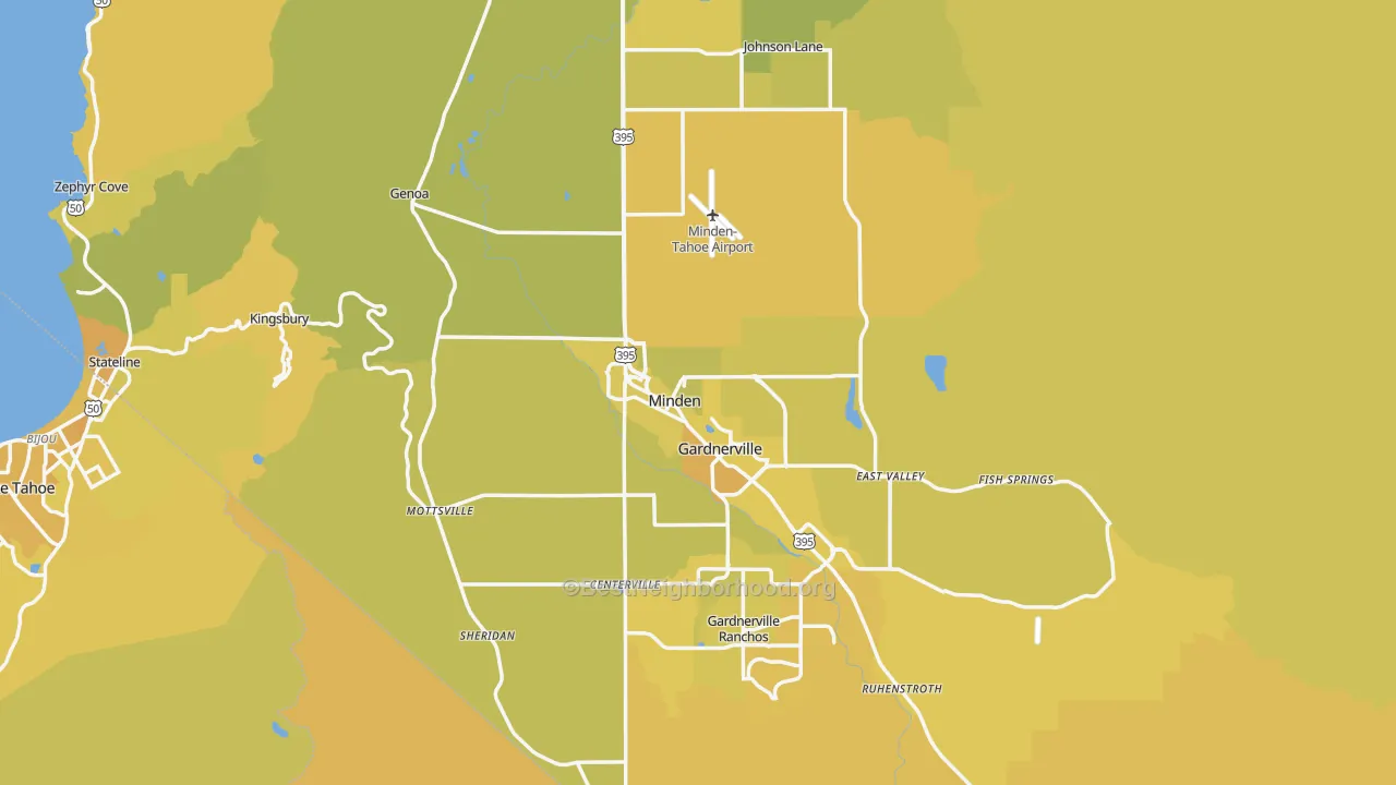 Map of the best neighborhoods in the Douglas County area, with better matches in green and worse matches in red