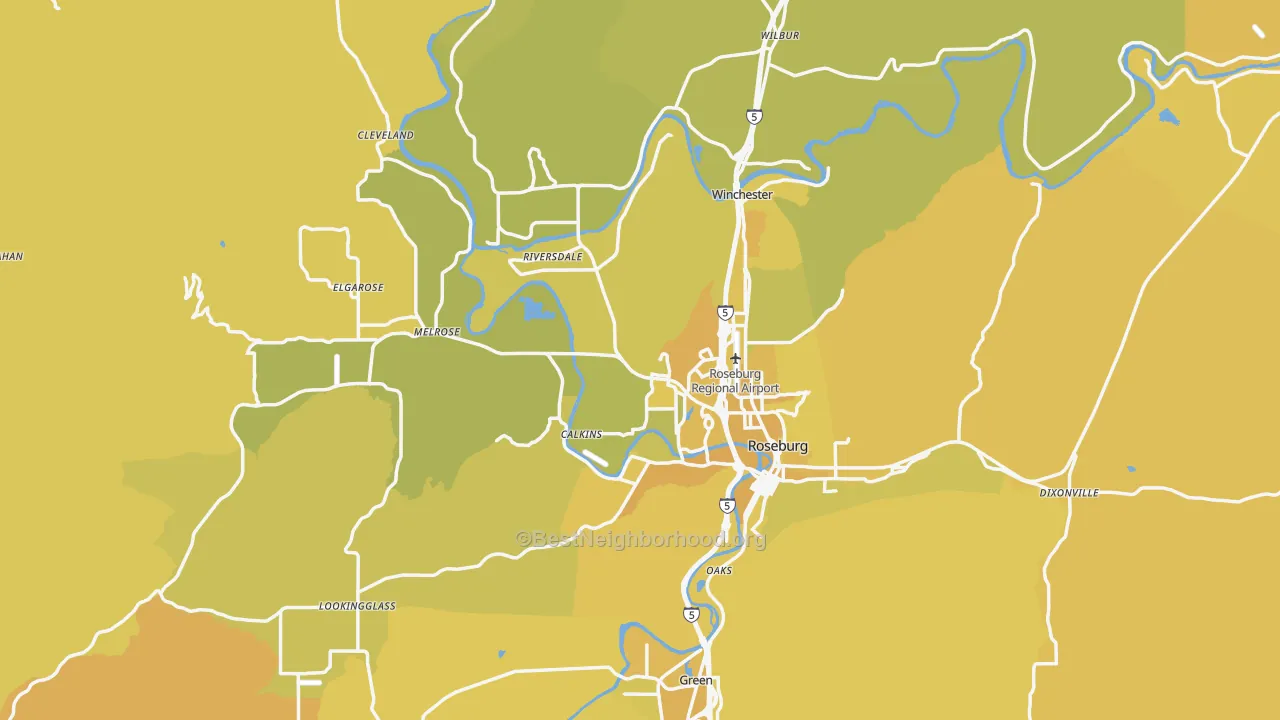Map of the best neighborhoods in the Douglas County area, with better matches in green and worse matches in red