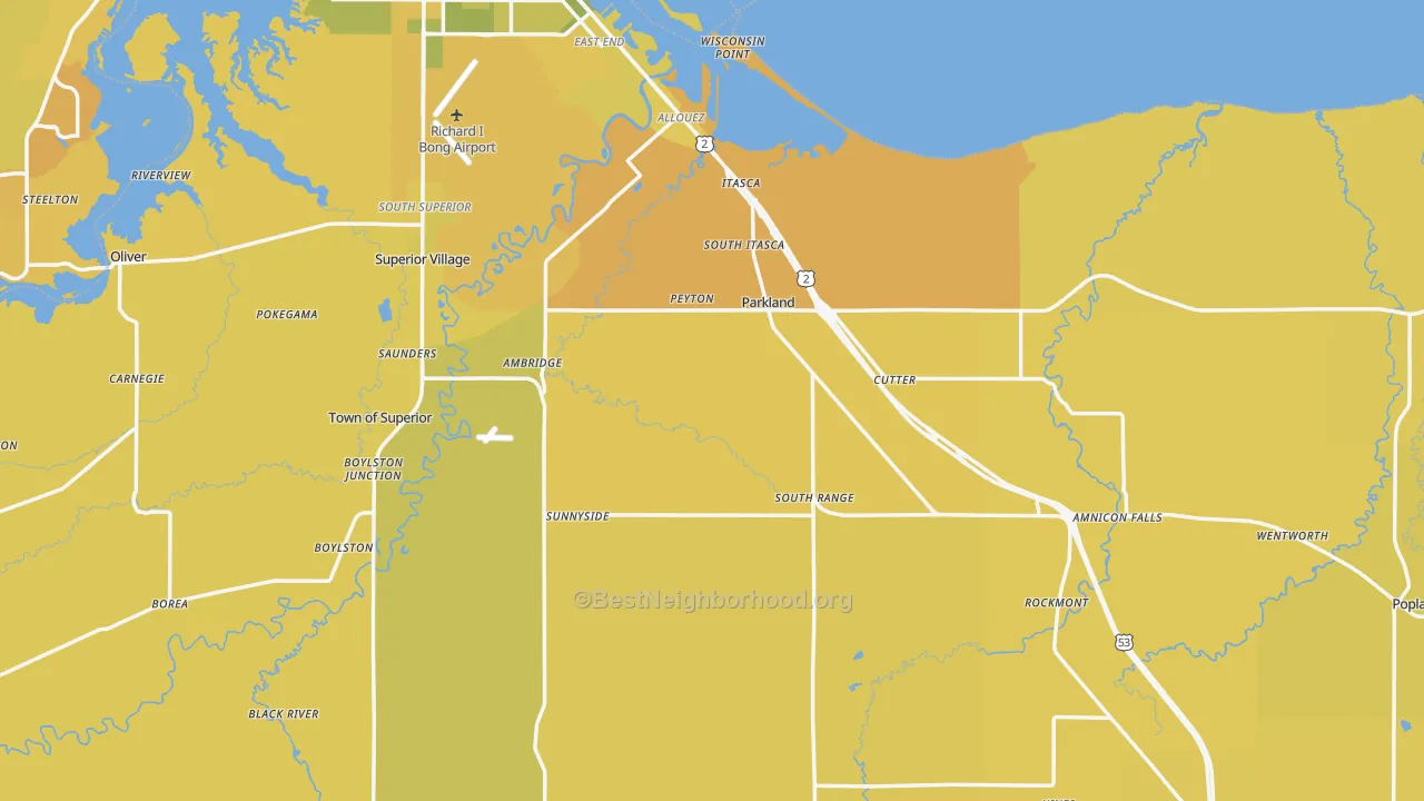 Map of the best neighborhoods in the Douglas County area, with better matches in green and worse matches in red