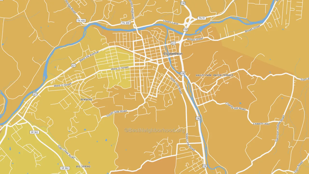 Map of the best neighborhoods in the Douglas, Elizabethton area, with better matches in green and worse matches in red