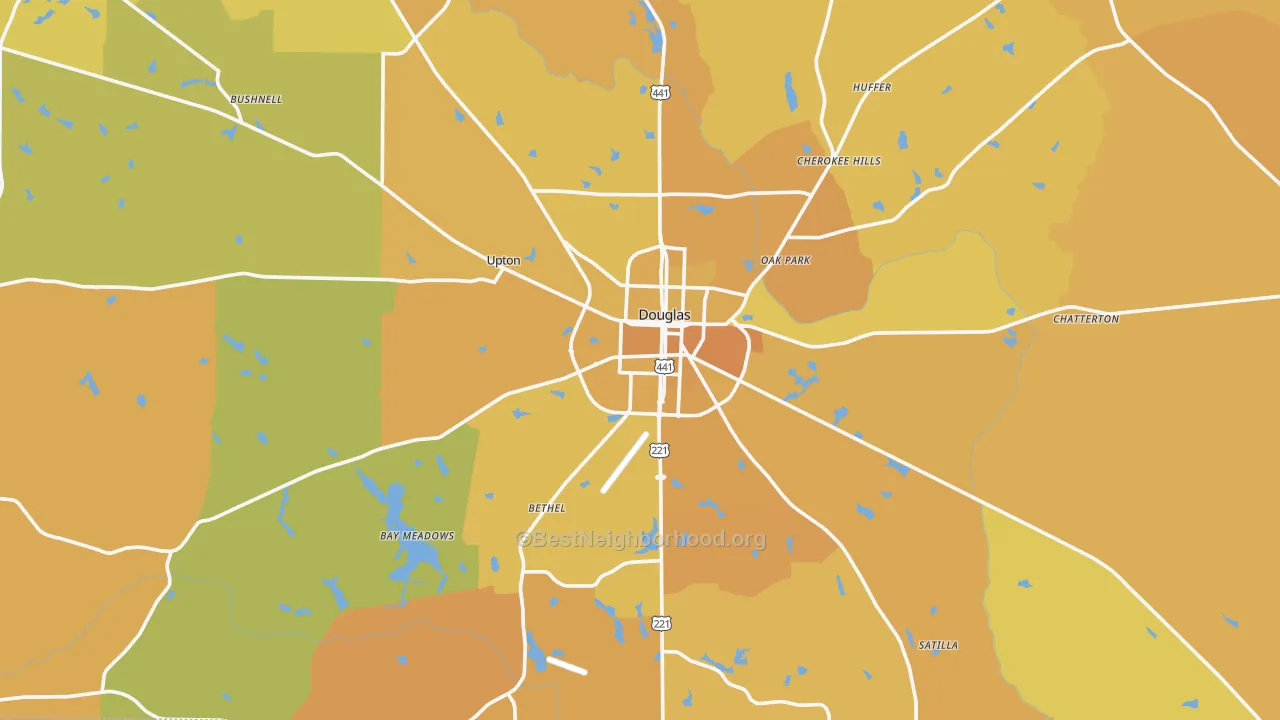 Map of the best neighborhoods in the Douglas area, with better matches in green and worse matches in red