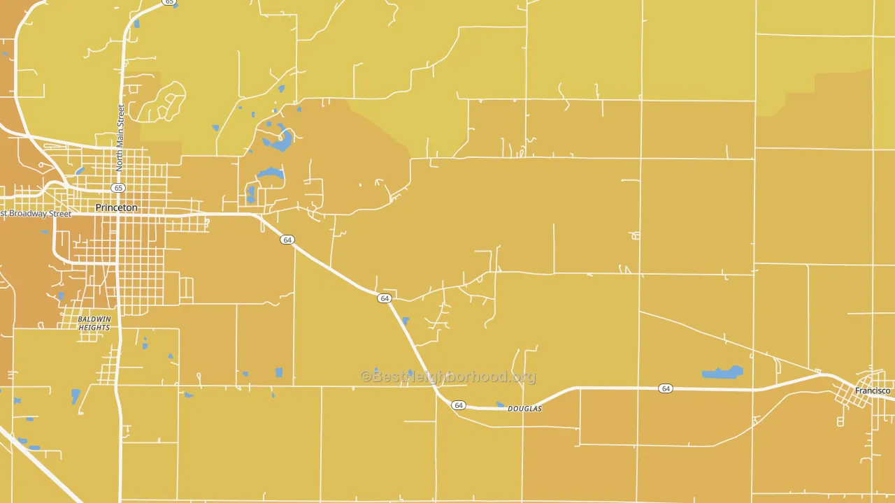 Map of the best neighborhoods in the Douglas area, with better matches in green and worse matches in red