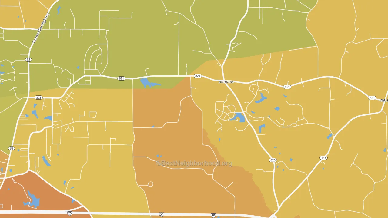 Map of the best neighborhoods in the Douglas area, with better matches in green and worse matches in red