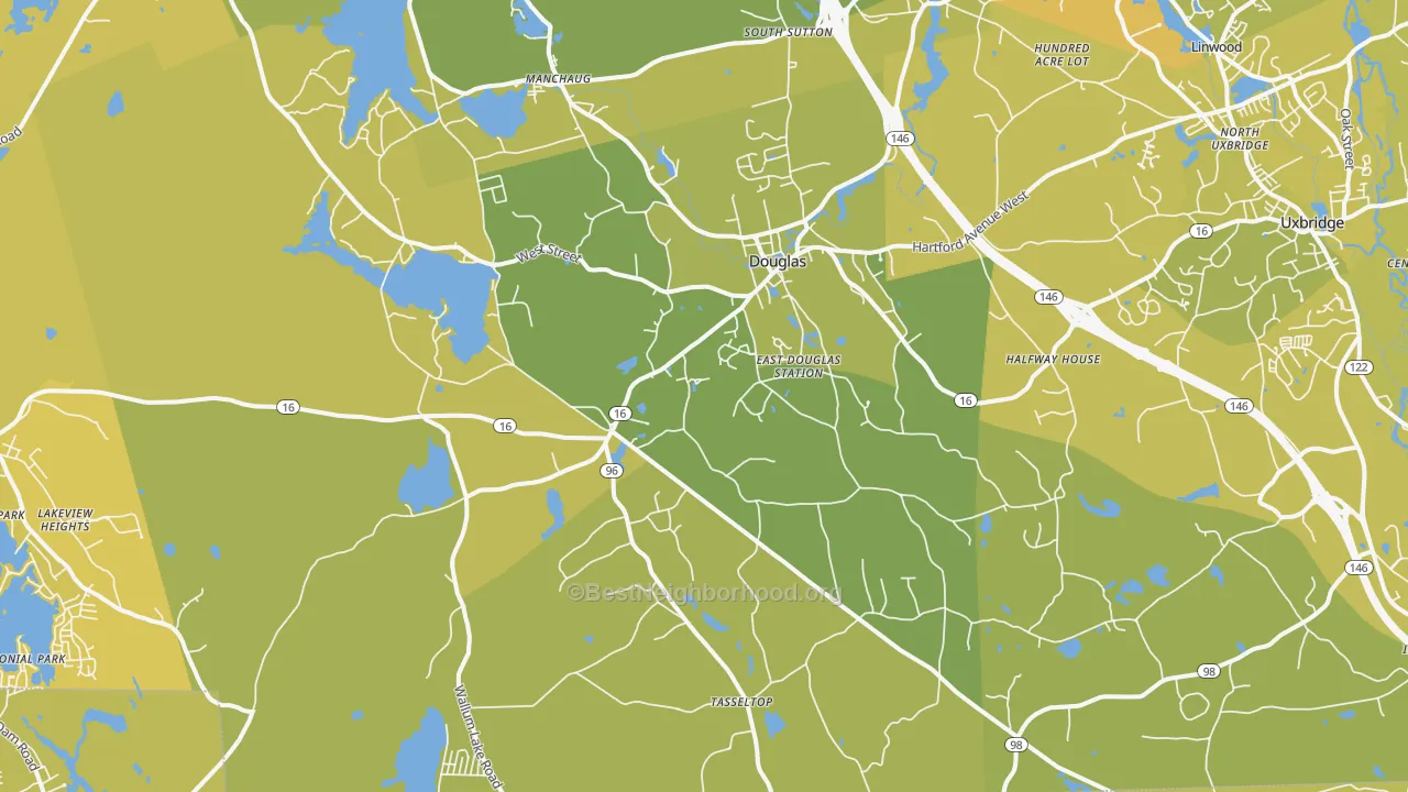 Map of the best neighborhoods in the Douglas area, with better matches in green and worse matches in red