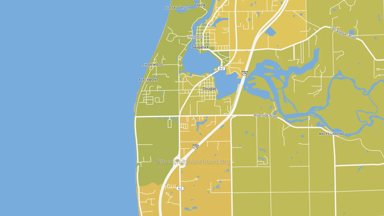 Map of the best neighborhoods in the Douglas area, with better matches in green and worse matches in red
