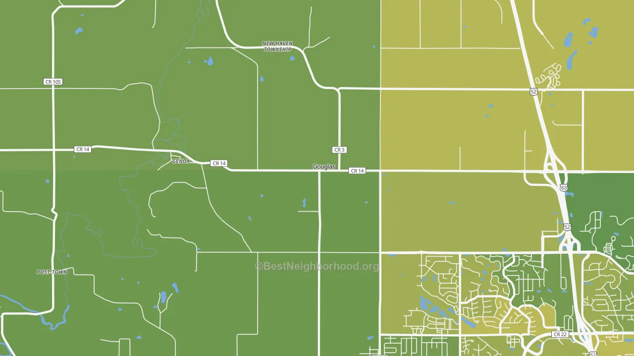Map of the best neighborhoods in the Douglas area, with better matches in green and worse matches in red