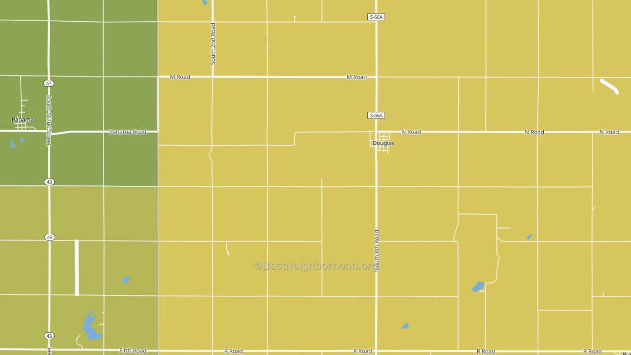 Map of the best neighborhoods in the Douglas area, with better matches in green and worse matches in red